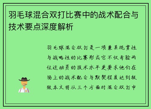 羽毛球混合双打比赛中的战术配合与技术要点深度解析 羽毛球混合双打比赛中的战术配合与技术要点深度解析